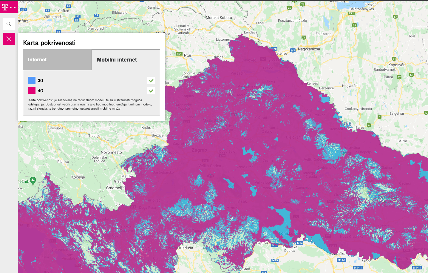 Tcom karta pokrivenosti - mobilni internet i legenda