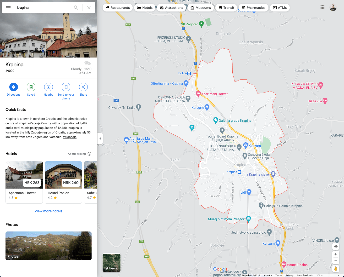 Google Maps prikaz prometnica oko Krapine