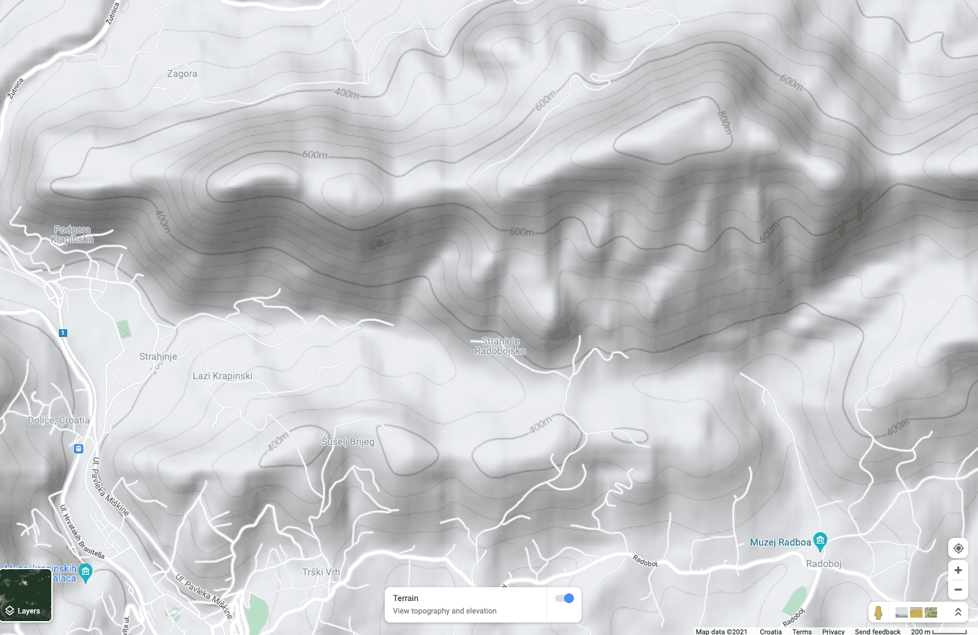 Google Maps prikaz terena - izohipse